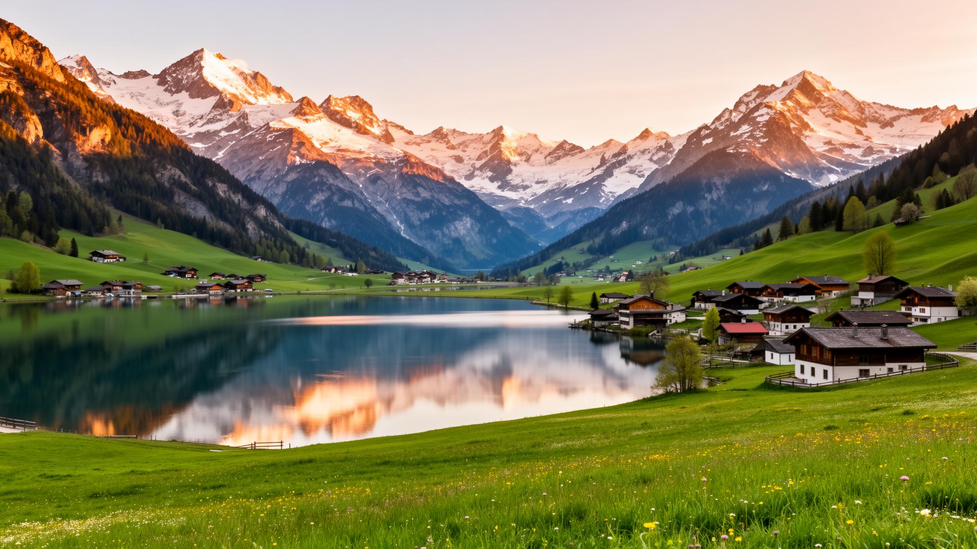 Alpes suíços com vila ao pé da montanha